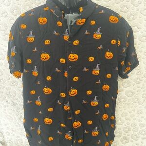Denim & Flower Black Shirt with Orange Pumpkin Print